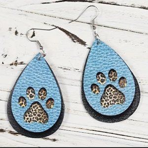 Leopard Dog Paw Print PU Leather Waterdrop Shape Earrings with .925 Silver Hooks